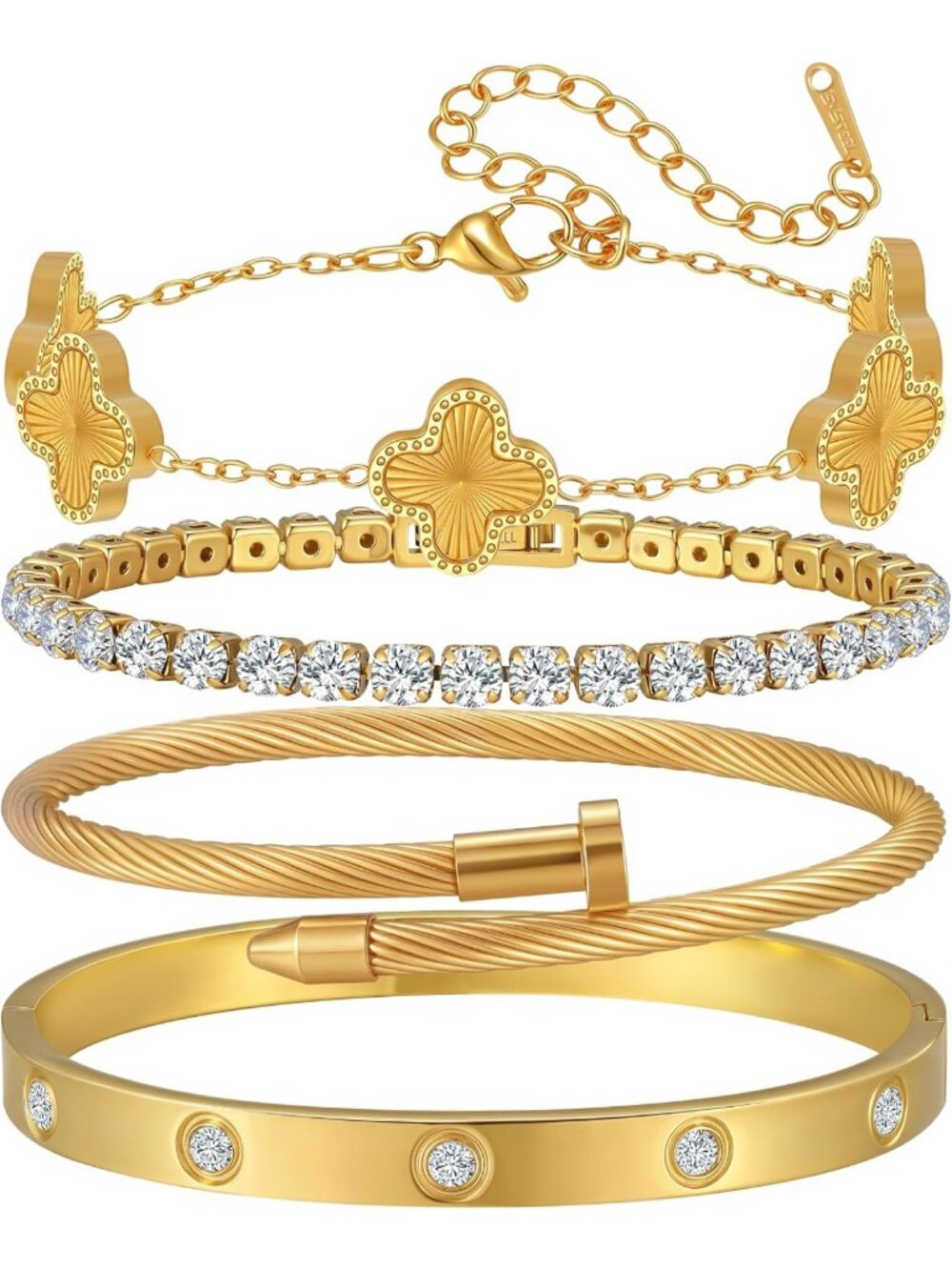 18K Gold Plated Stackable Bangle Bracelets for Women - Non-Tarnish Clover Set